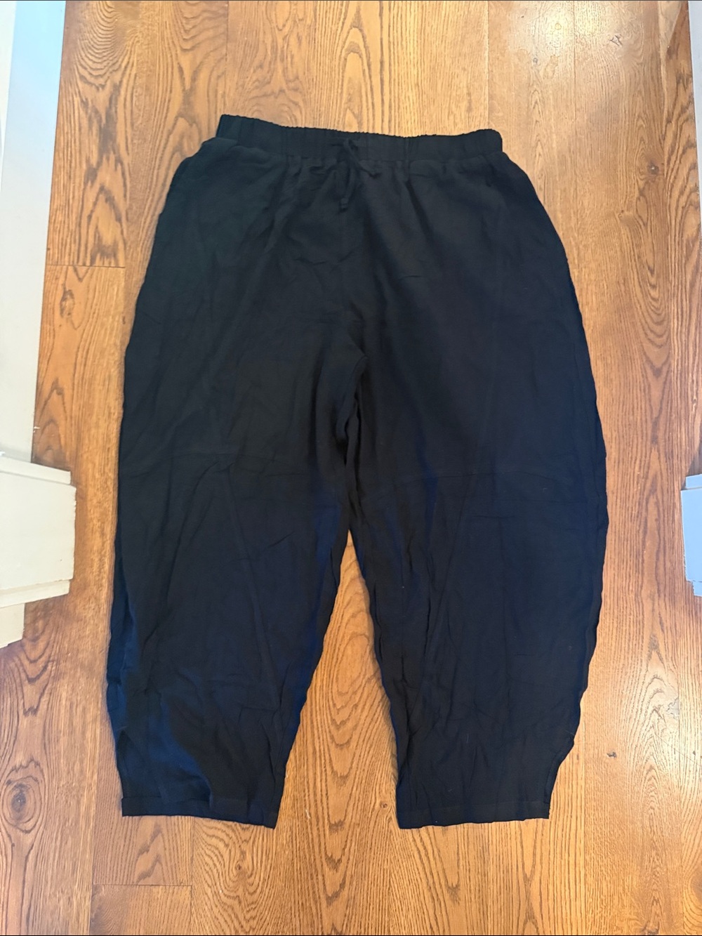Wide Leg Women's Linen Pants in Black - Drawstring Elastic Waist